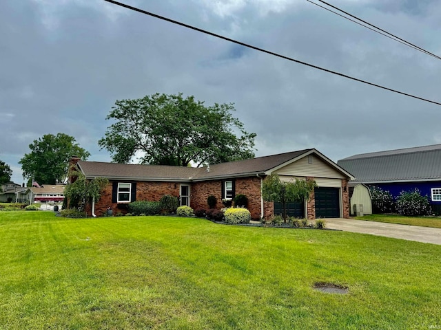 ranch-style house with a garage and a front lawn