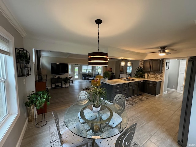 dining room featuring baseboards, ceiling fan, light wood-style flooring, and crown molding