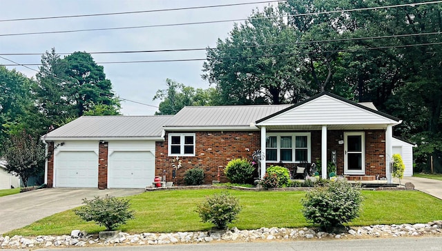 ranch-style house featuring a garage, a front lawn, and a porch