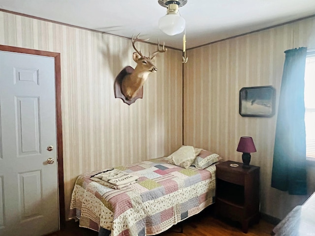 bedroom with multiple windows and dark wood-type flooring