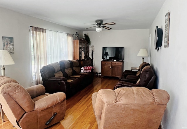 living room with ceiling fan and light hardwood / wood-style floors