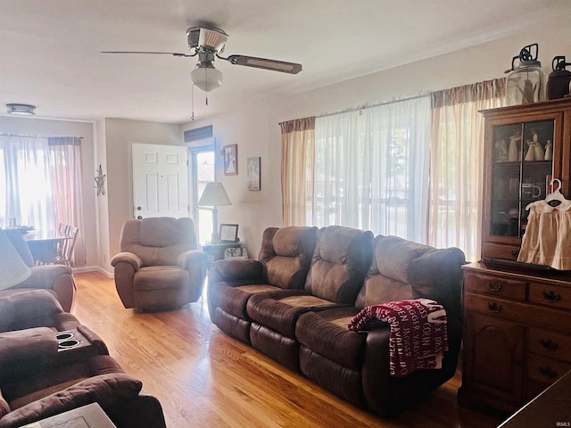 living room featuring ceiling fan, light hardwood / wood-style floors, and a wealth of natural light