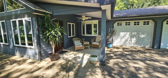 exterior space with a garage, ceiling fan, and a shingled roof