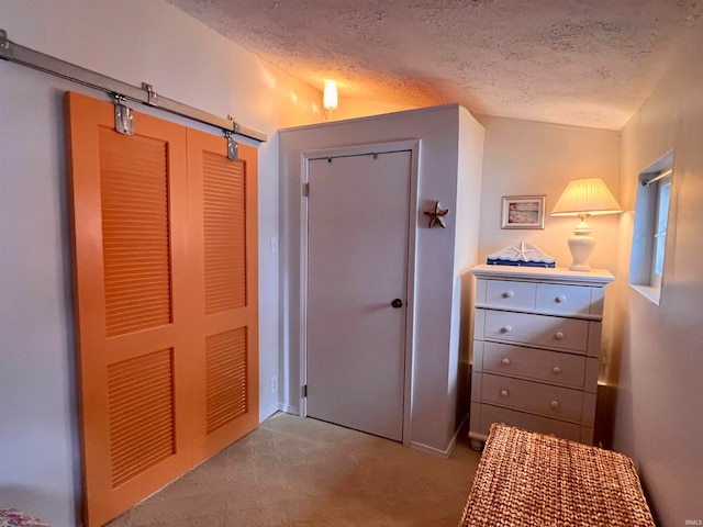 bedroom featuring a textured ceiling, a closet, and vaulted ceiling