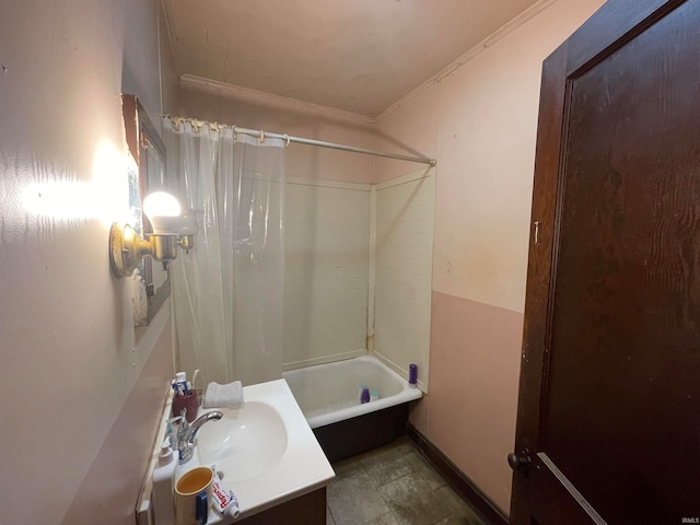 bathroom featuring tile patterned floors, shower / tub combo, and vanity