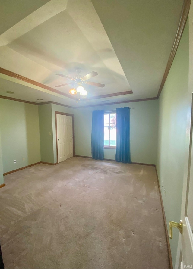 empty room featuring carpet, a tray ceiling, and ceiling fan