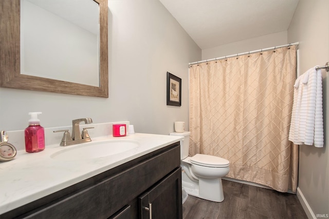 bathroom with toilet, hardwood / wood-style flooring, and vanity