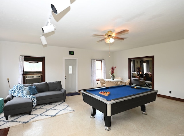 rec room featuring ceiling fan, pool table, and light tile patterned floors