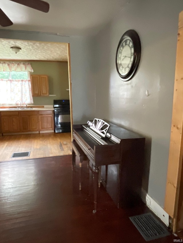 misc room featuring ceiling fan, light wood-type flooring, and sink