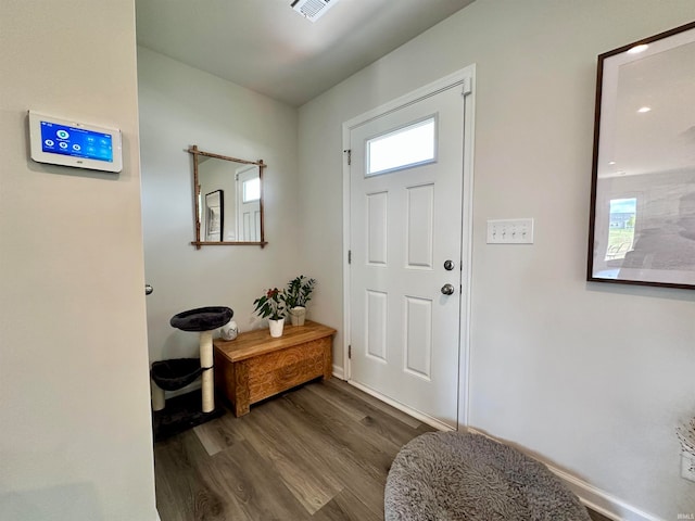 entryway with a wealth of natural light and dark hardwood / wood-style flooring