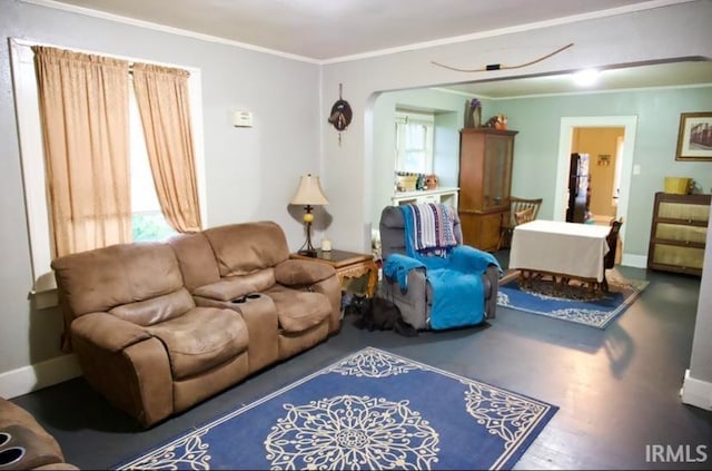 living room featuring crown molding and wood-type flooring