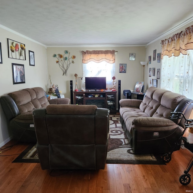 living room featuring hardwood / wood-style flooring and crown molding