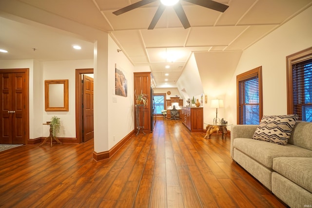 interior space with dark wood-style floors, ceiling fan, baseboards, and recessed lighting