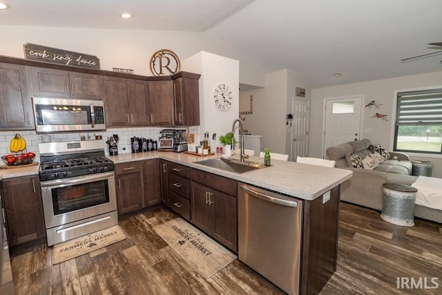 kitchen with sink, stainless steel appliances, dark hardwood / wood-style flooring, and lofted ceiling