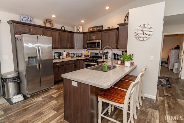 kitchen with appliances with stainless steel finishes, lofted ceiling, hardwood / wood-style flooring, and tasteful backsplash