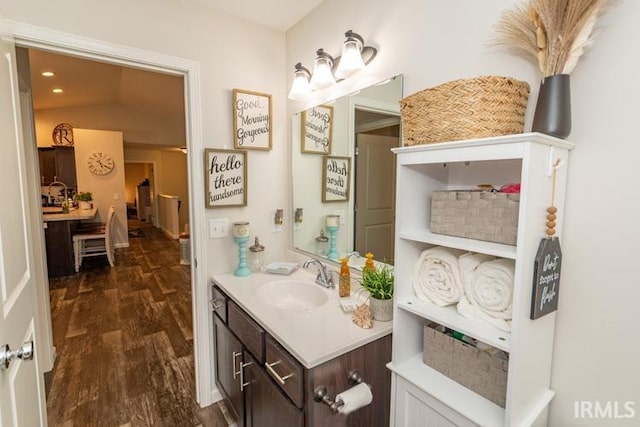 bathroom with hardwood / wood-style flooring and vanity