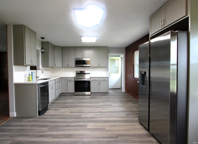 kitchen with sink, appliances with stainless steel finishes, light hardwood / wood-style floors, and gray cabinets