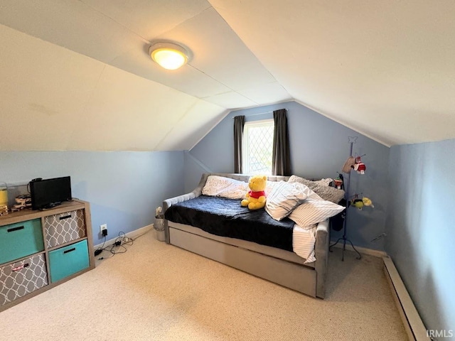 bedroom with baseboards, baseboard heating, carpet floors, and vaulted ceiling