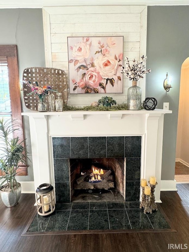 room details featuring a fireplace and hardwood / wood-style floors