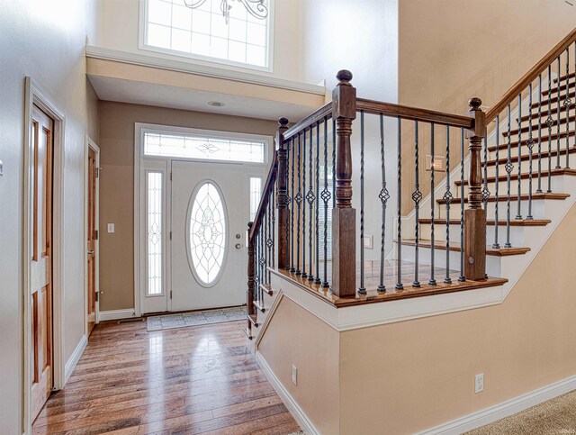 entryway with a high ceiling and wood-type flooring