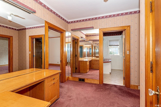 bathroom featuring tile patterned floors, ornamental molding, vanity, and ceiling fan