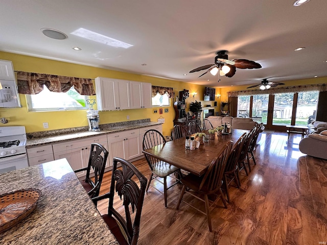 dining room featuring ceiling fan and dark hardwood / wood-style floors