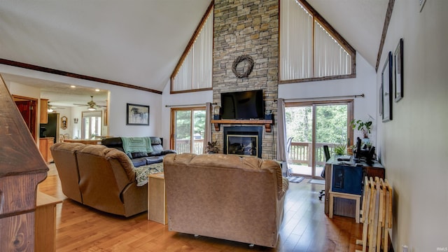 living room featuring a wealth of natural light, a fireplace, and light wood-style flooring