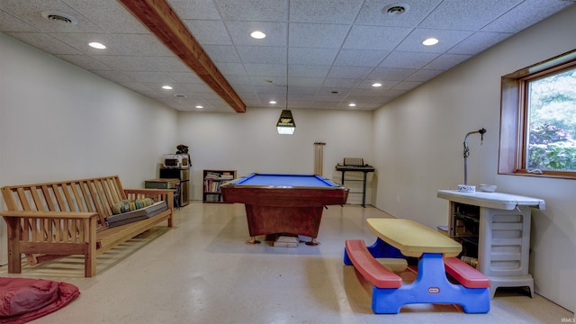 playroom with a drop ceiling, visible vents, and recessed lighting