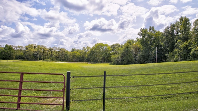 view of gate with a rural view, a yard, and fence