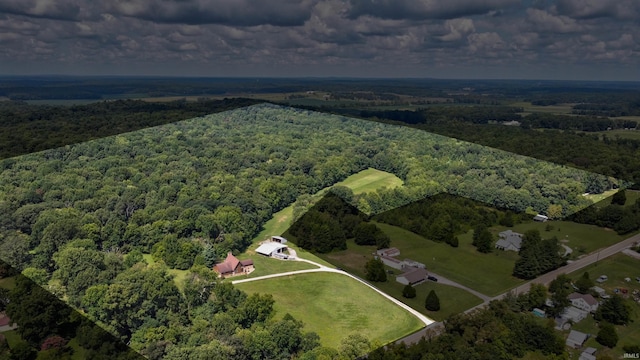 drone / aerial view featuring a wooded view