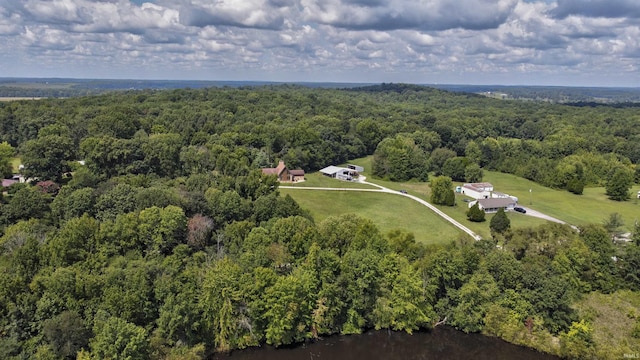 drone / aerial view featuring a forest view