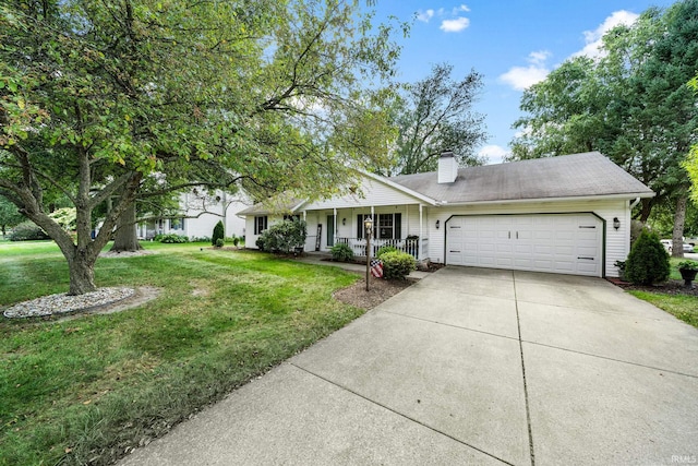 single story home featuring a porch, a garage, and a front lawn