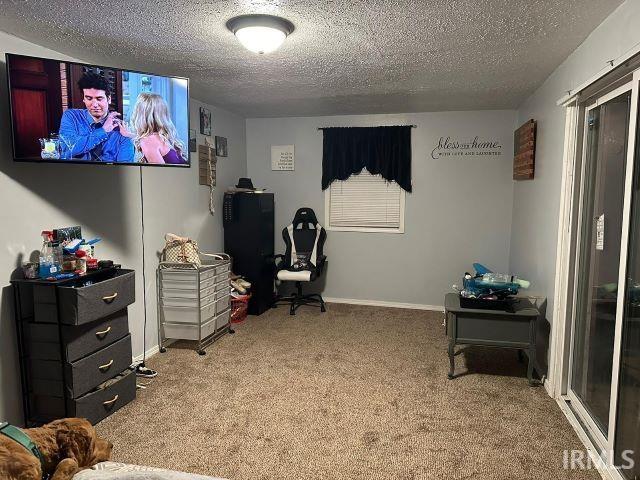 interior space with a textured ceiling and carpet flooring