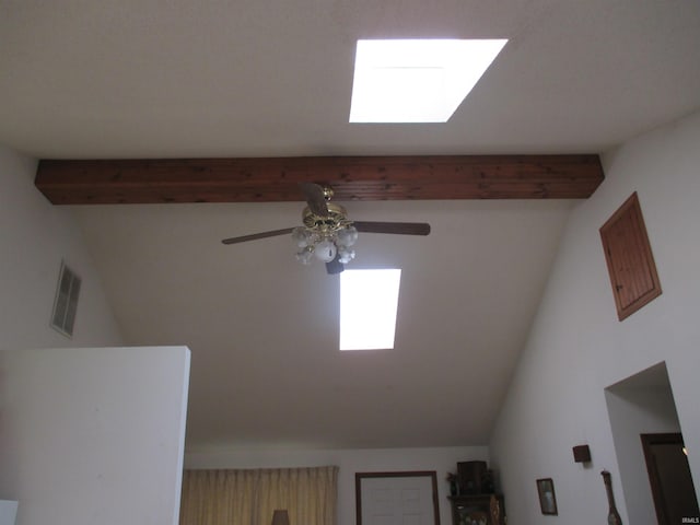 room details with ceiling fan and beamed ceiling