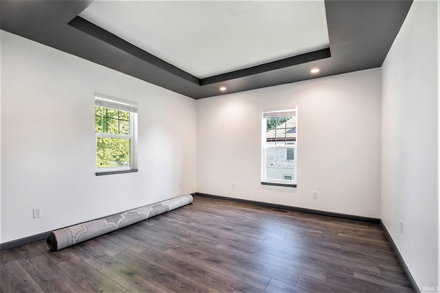 unfurnished room featuring hardwood / wood-style flooring and a tray ceiling