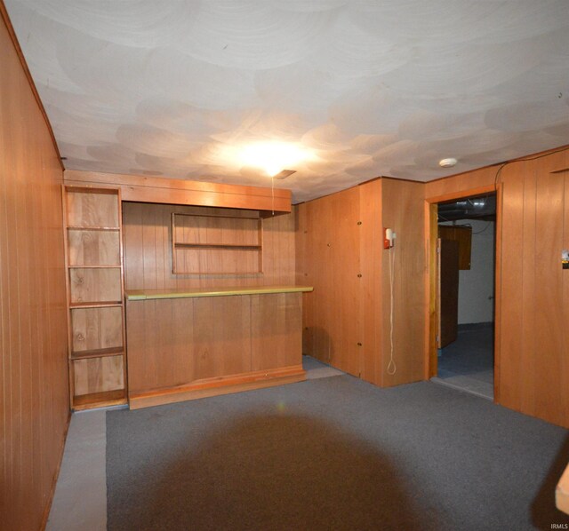 empty room with wood walls and carpet flooring