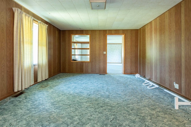 spare room featuring carpet floors and wood walls