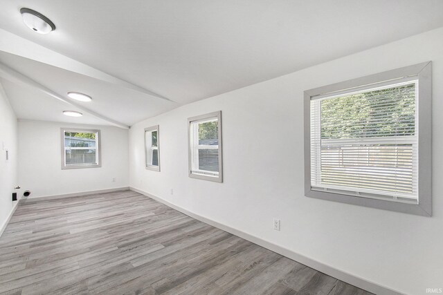 empty room featuring lofted ceiling, a healthy amount of sunlight, and light wood-type flooring