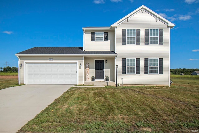 view of front of property with a front yard and a garage