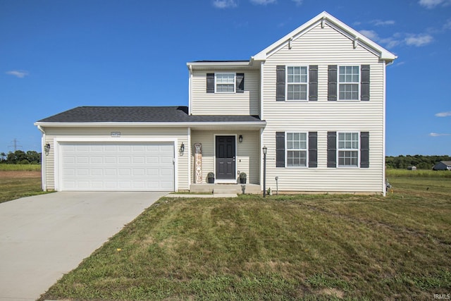 traditional-style house with an attached garage, driveway, and a front yard