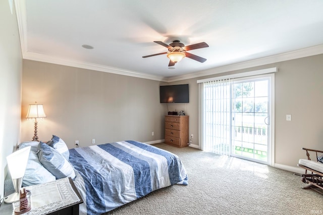 bedroom featuring carpet, ornamental molding, access to exterior, and ceiling fan