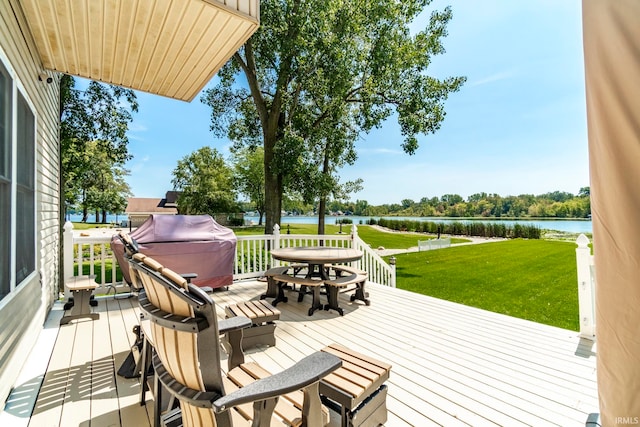 wooden deck featuring a water view and a yard