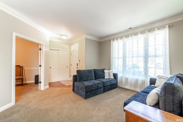 carpeted living room with a healthy amount of sunlight and ornamental molding