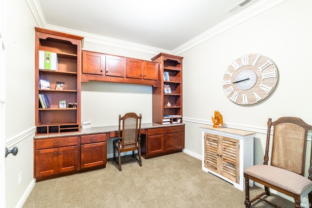 carpeted home office featuring ornamental molding