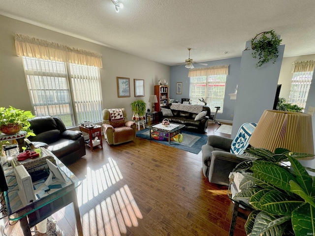 living room featuring ceiling fan, a textured ceiling, and wood finished floors