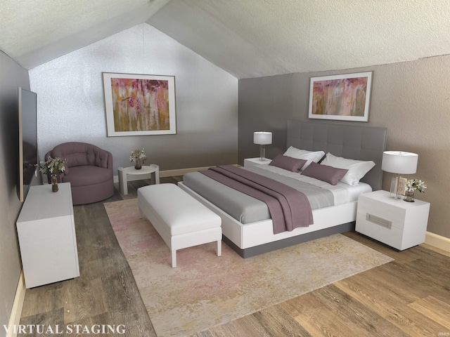 1302 21st St, Bedford, IN 47421 - bedroom featuring a textured ceiling, vaulted ceiling, wood finished floors, and baseboards