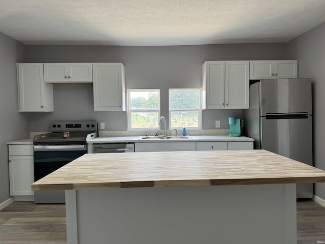 1302 21st St, Bedford, IN 47421 - kitchen with a sink, stainless steel appliances, wood finished floors, butcher block counters, and baseboards