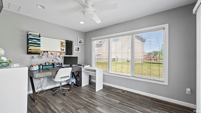 home office featuring visible vents, ceiling fan, baseboards, and wood finished floors