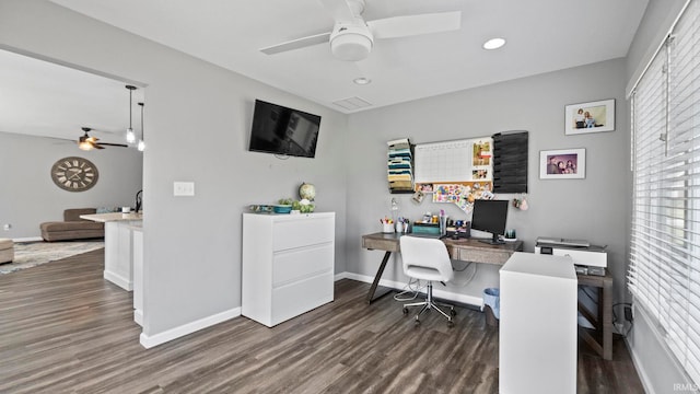 office with dark wood-style floors, ceiling fan, recessed lighting, and baseboards