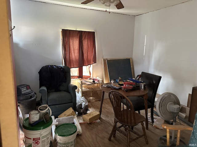 office area with ceiling fan and wood finished floors